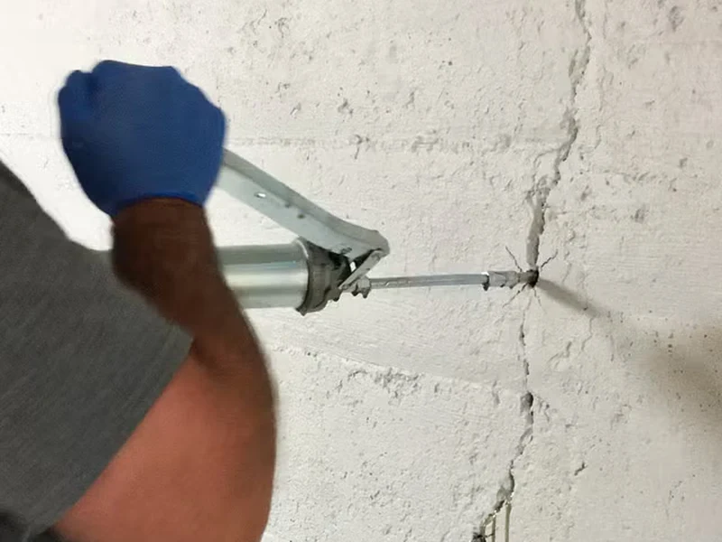 Foundation crack repair technician inspecting wall crack in Grand Rapids MI basement