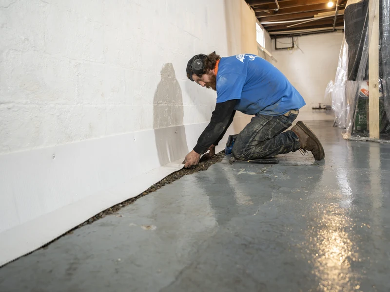 Basement waterproofing interior drainage system installation in Grand Rapids MI